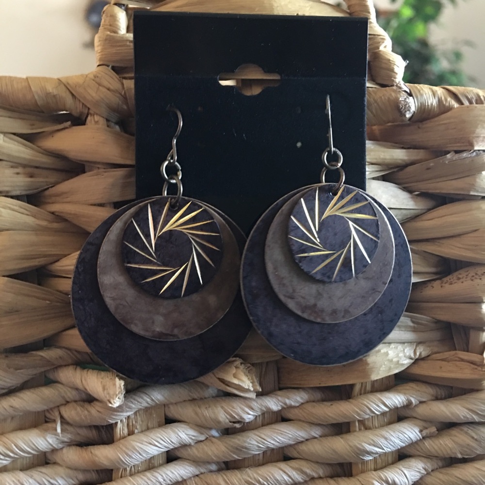 Brown with gold tone etching disc earrings